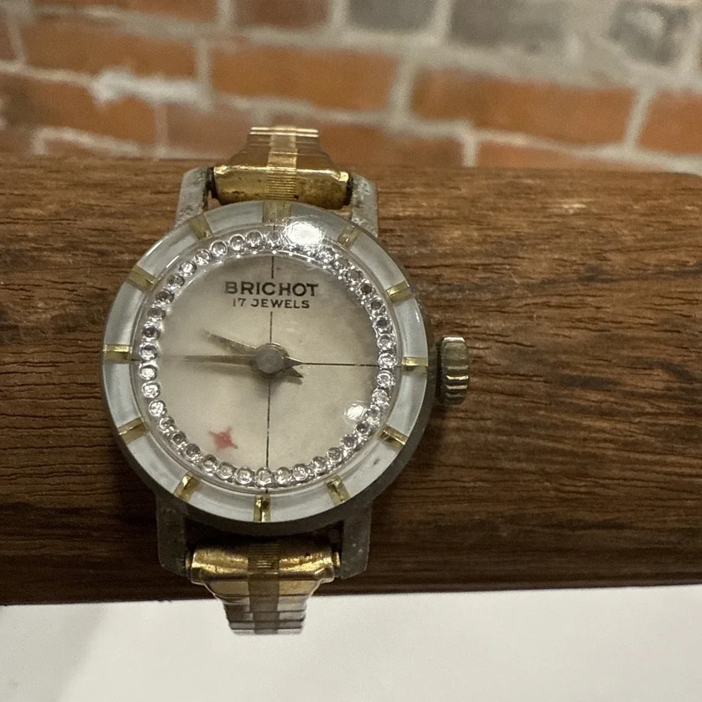 Vintage BRICHOT Watch Womens‎ Silver Tone Stainless Steel Rhinestones Dial 60's